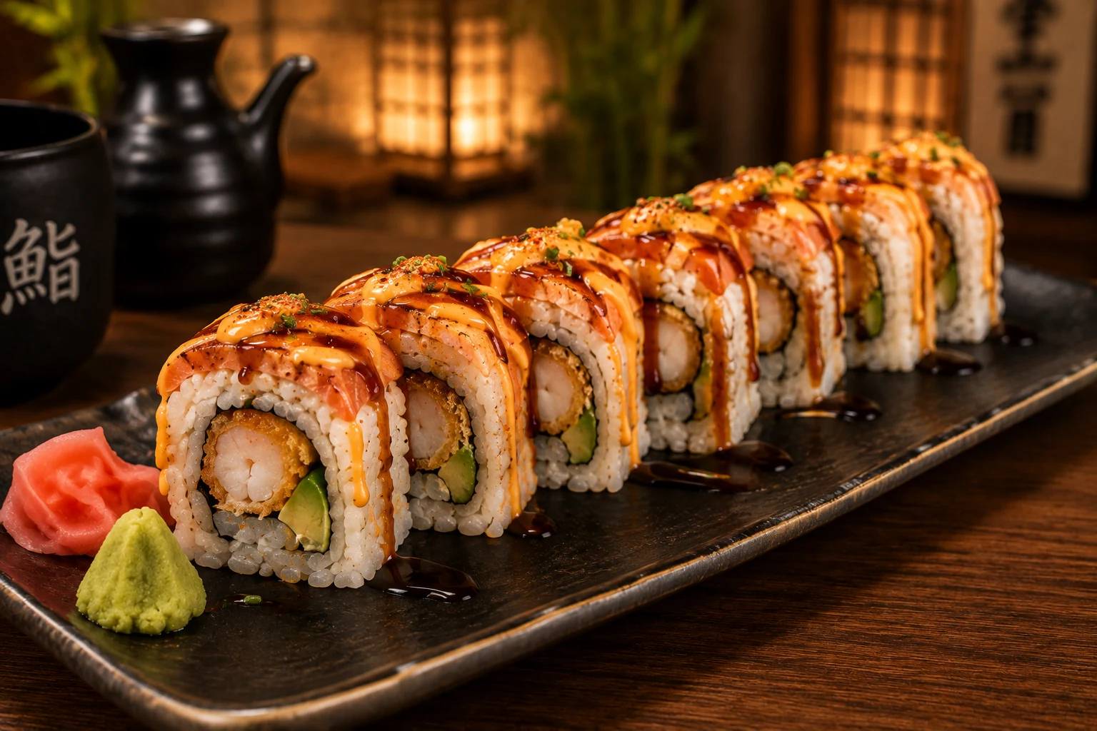 Makis Flame Roll flameados con langostino, palta y salsa